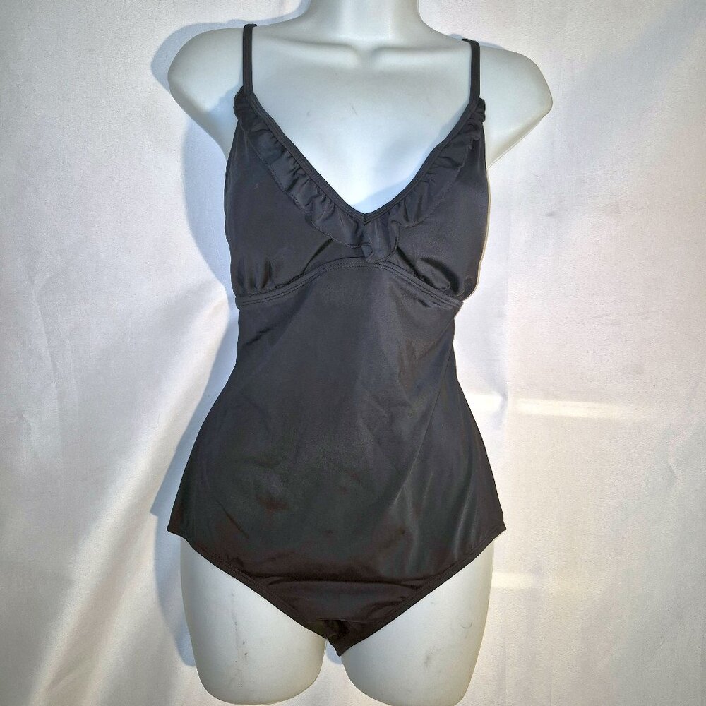 JANTSENS CLASSICS one piece swimsuit, black with ruffled neckline. size 14